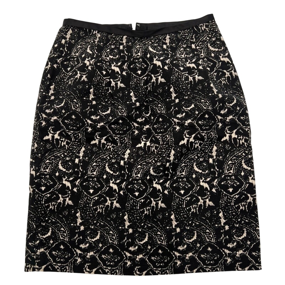 TALBOTS Size 4 Black tan abstract cotton lined pencil skirt back zipper slit